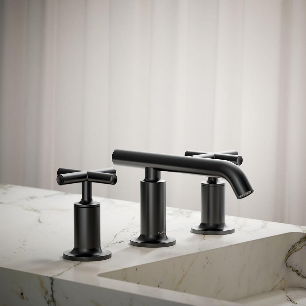 KOHLER K-14410-3-BL Purist® Widespread Bathroom Sink Faucet, 3-Hole Bathroom Faucets with Low Cross Handles and Low Spout, 1.2 GPM, Matte Black