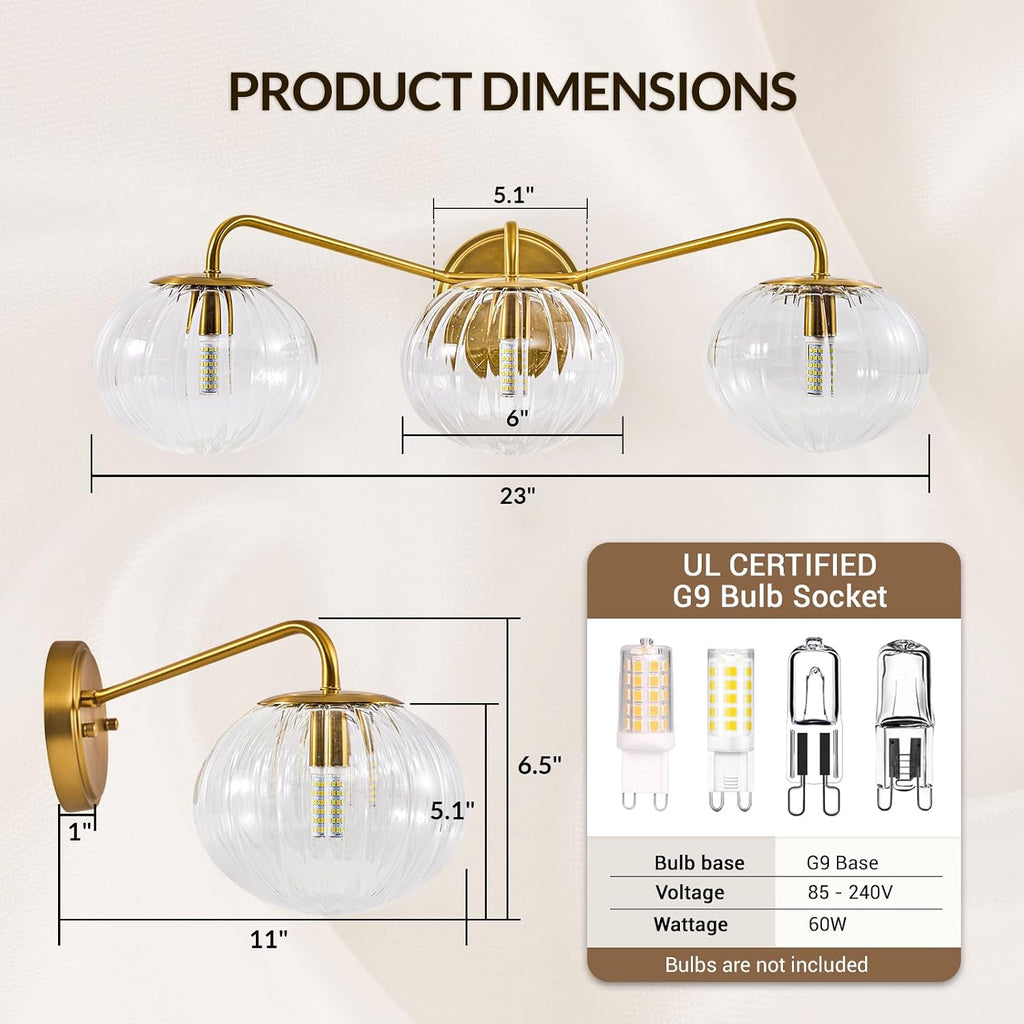 ANDY STAR Brushed Gold Vanity Lights, 3 Light Bathroom Light Fixtures with Clear Pumpkin-Ribbed Glass Globe Shade, Brass Vintage Striped Wall Lights, Up or Down, G9 Base (No Bulbs)