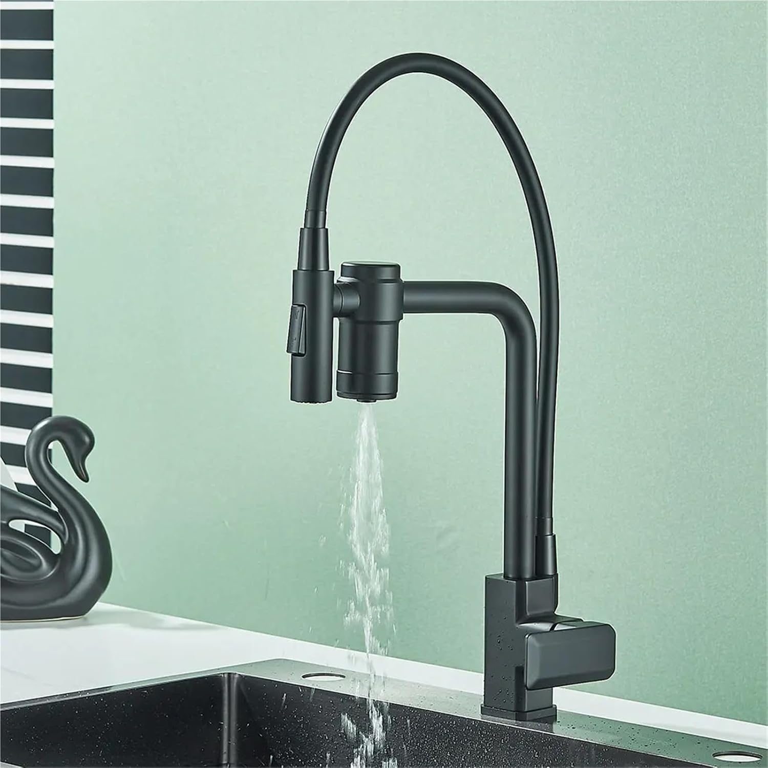 Brass Pull Out Filtered Kitchen Faucet Purification Kitchen Faucets Drinking Water Hot Cold Mixer Tap(Black)