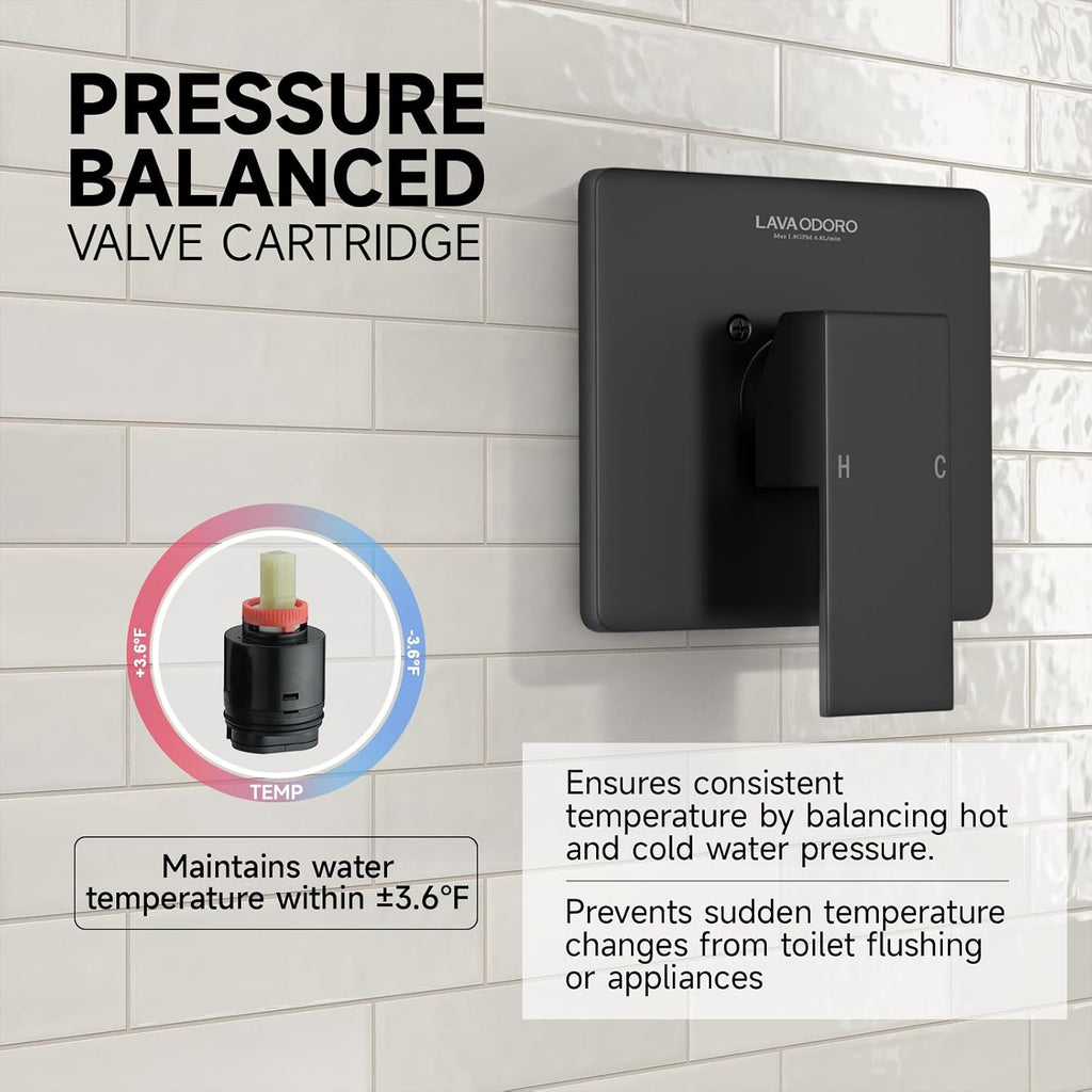 Lava Odoro 12-inch Modern Square Shower Faucet Set Matte Black, Shower Trim Kit with Rough-in Valve High Pressure Black Rainfall Shower Head and Handle Set, (Valve Included), SF106-MB