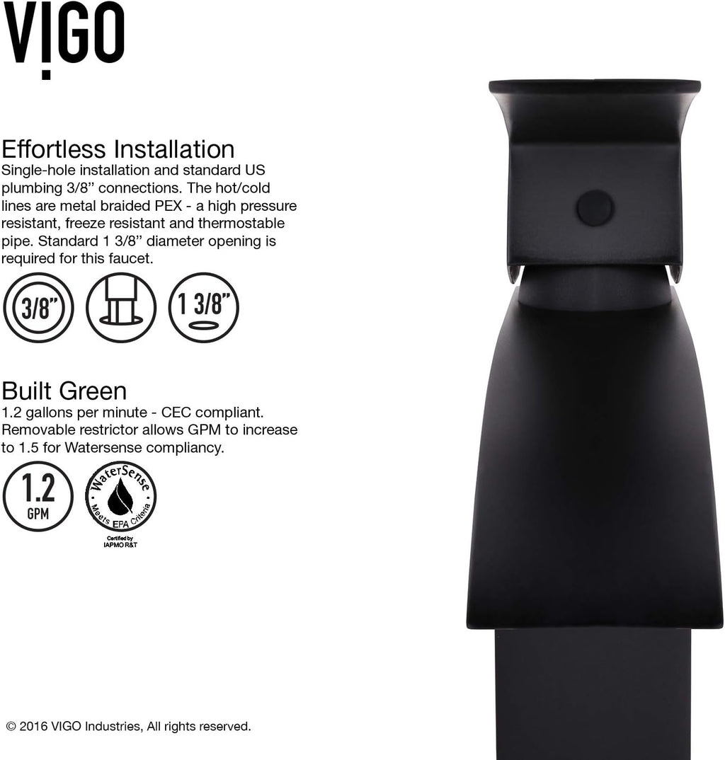VIGO Satro Waterfall Single-Handle Single-Hole Mount Bathroom Sink Faucet, 7-Inch, Matte Black, Modern Design, Solid Brass, 1.2 GPM WaterSense & Ceramic Disc Valve, Corrosion-Resistant