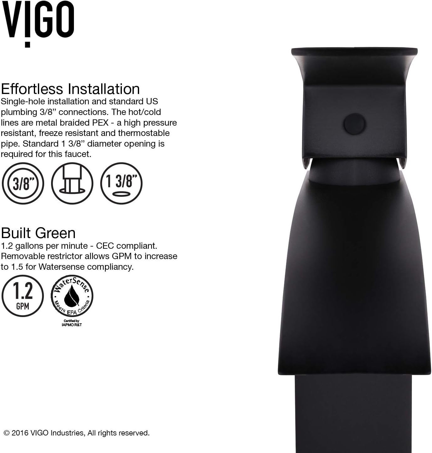 VIGO Satro Waterfall Single-Handle Single-Hole Mount Bathroom Sink Faucet, 7-Inch, Matte Black, Modern Design, Solid Brass, 1.2 GPM WaterSense & Ceramic Disc Valve, Corrosion-Resistant