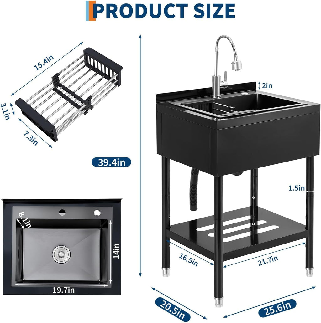 Garvee Stainless Steel Utility Sink with Faucet & Storage Shelf, 304 Single Bowl Freestanding Sink with Adjustable Legs, S-Hooks, Hot & Cold Water Pipes for Kitchen, Laundry, Garage, Farm, Outdoor Use