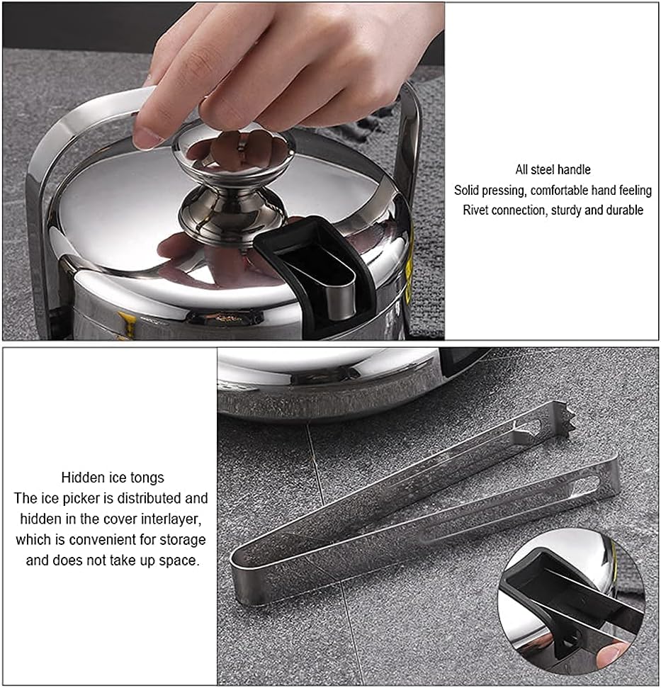 Ice and Wine Bucket,Ice Bucket,Hidden Double Wall Bar Ice Bucket Set 1.3L Stainless Steel Ice Bucket Including Lid,Tongs and Strainer,Drinks Cooler Buckets Great for Home Bar,Party,Chilling Beer,Cha
