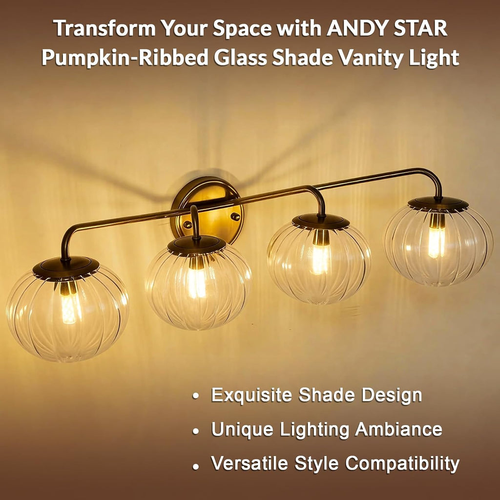 ANDY STAR Bathroom Vanity Light 4 Light, Brushed Gold Bathroom Light Fixtures with Clear Pumpkin-Ribbed Glass Globe Shade, Brass Vintage Striped Wall Lights for Vanity, G9 Base (No Bulbs)
