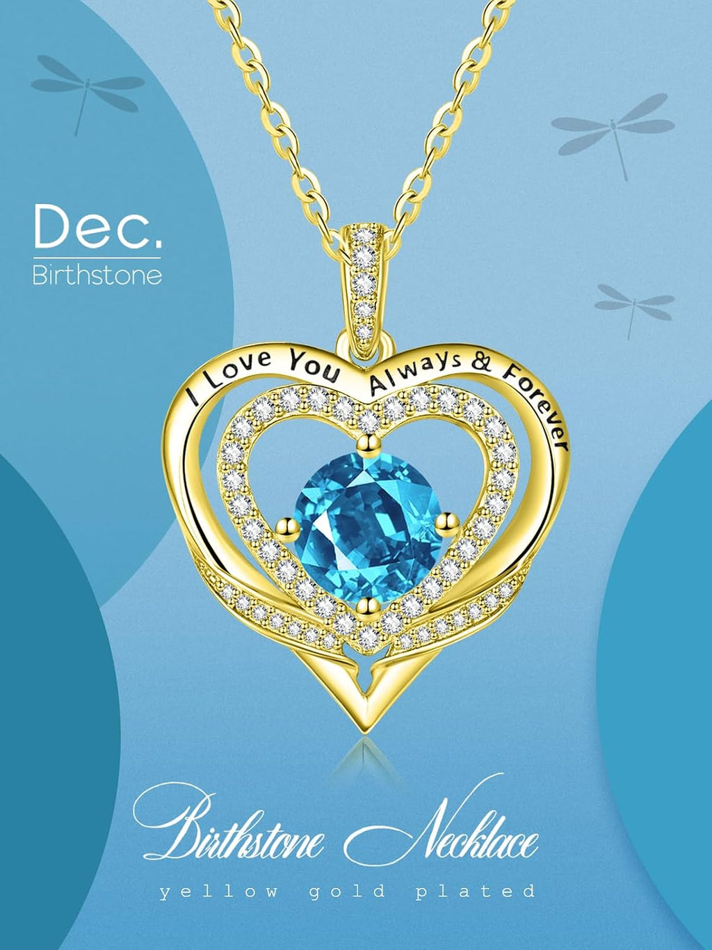 14K Gold Heart Necklaces for Women with Birthstone Pendant ，Double Hearts Necklace Jewelry Gift for Girlfriend Mom Anniversary Birthday Adjustable Chain 18' + 2' 'I Love You Always & Forever