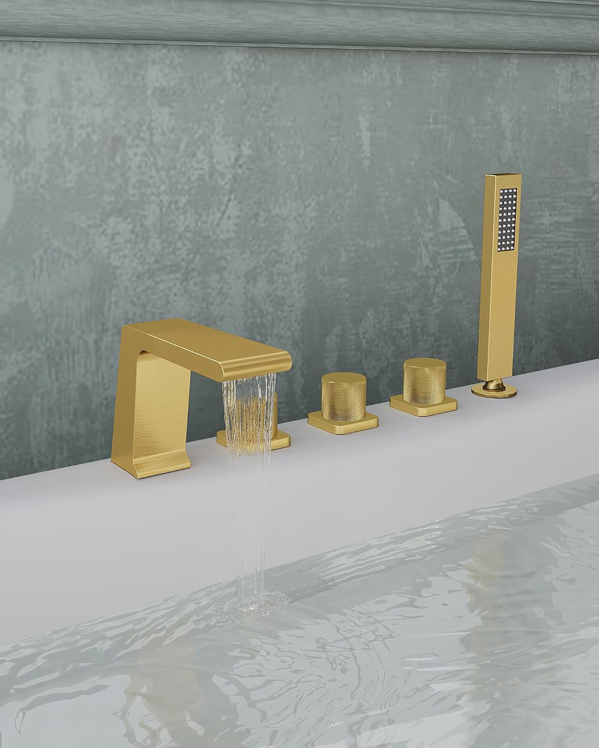 Bathtub Faucet Set with 3 Handle, Deck Mount 5 Hole Roman Waterfall Spout Bath Tub Faucet with Valve, Brushed Gold