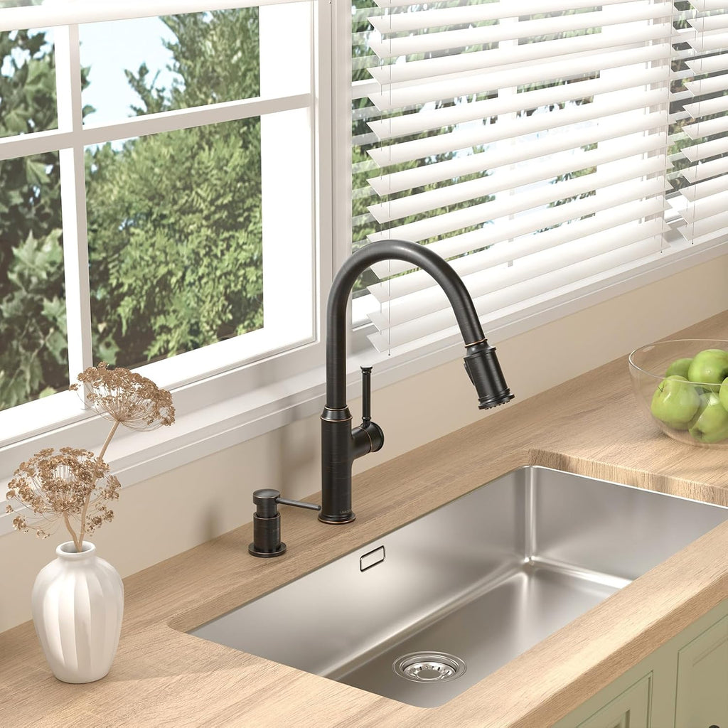 Lava Odoro Oil Rubbed Bronze Kitchen Faucet with Pull Down Sprayer, Single Handle Kitchen Sink Faucet Bronze Faucet for Kitchen Sink 1 Hole and 3 Hole, Deck Plate Included, KF421-ORB