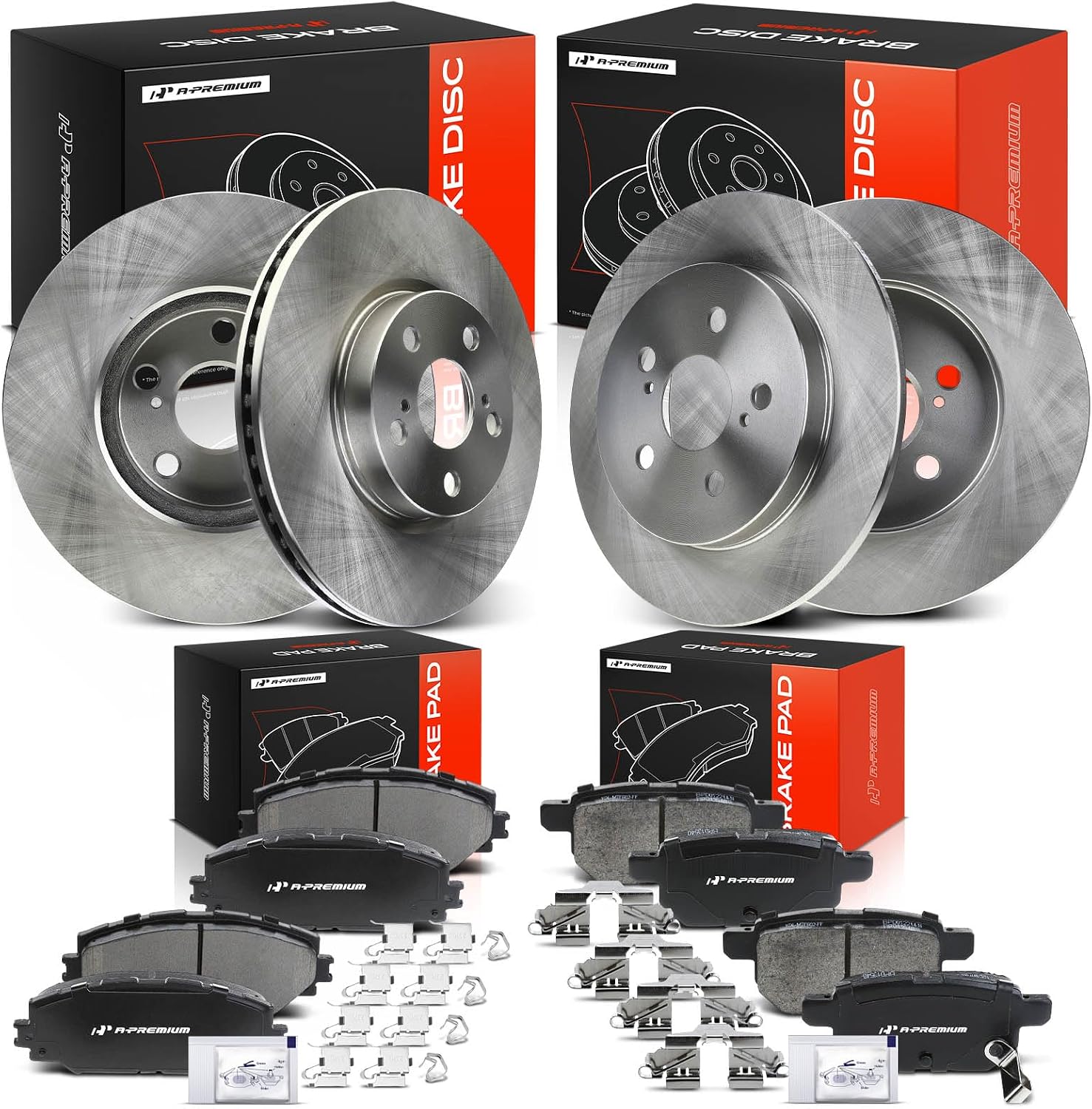 A-Premium Front Vented & Rear Solid Disc Brake Rotors + Ceramic Pads Kit Compatible with Select Pontiac and Toyota Models - Vibe 2009-2010, Corolla 2009-2019, Matrix 2009-2014, 12-PC Set