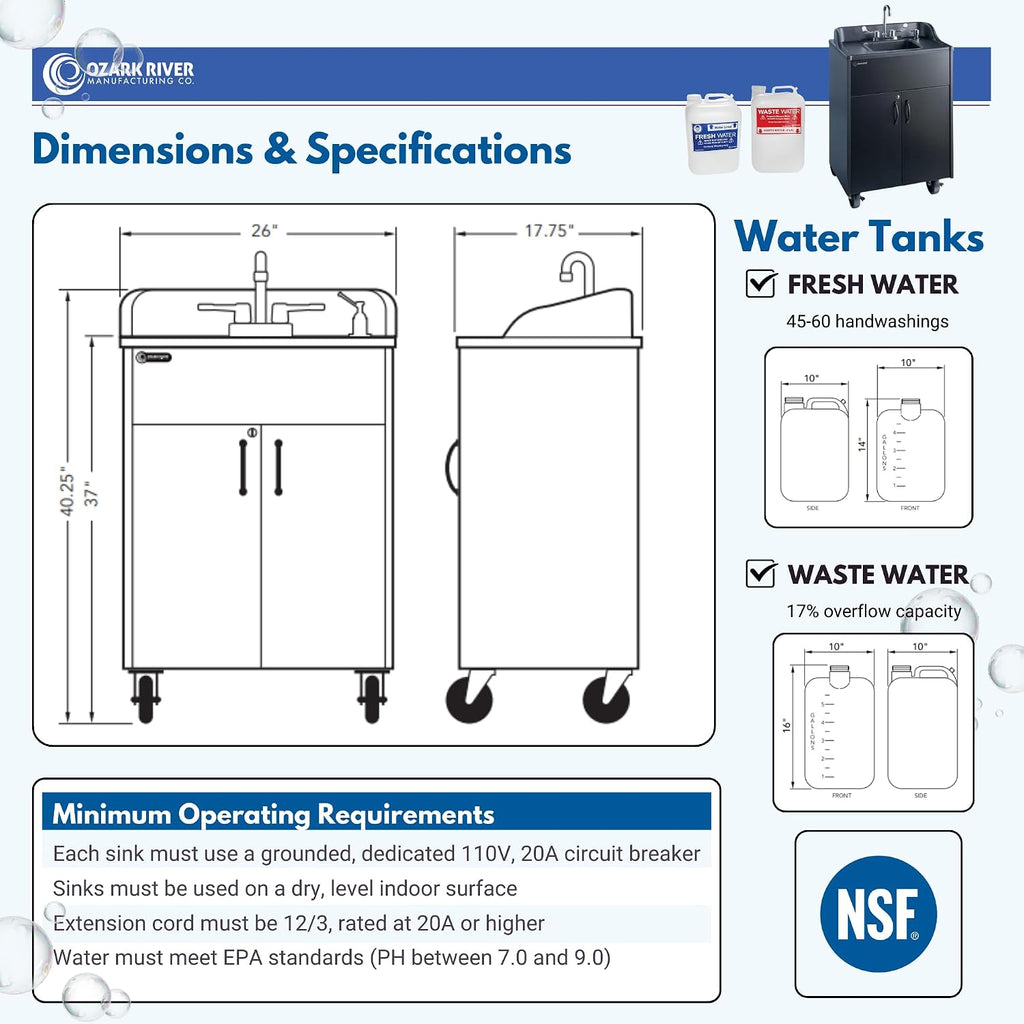 Ozark River Portable Sinks Premier Black & Extra Water Tanks Bundle, Black Laminate-ABS, Portable Sink with Hot Water, Self-Contained Sink, Portable Hand Washing Station, 110V