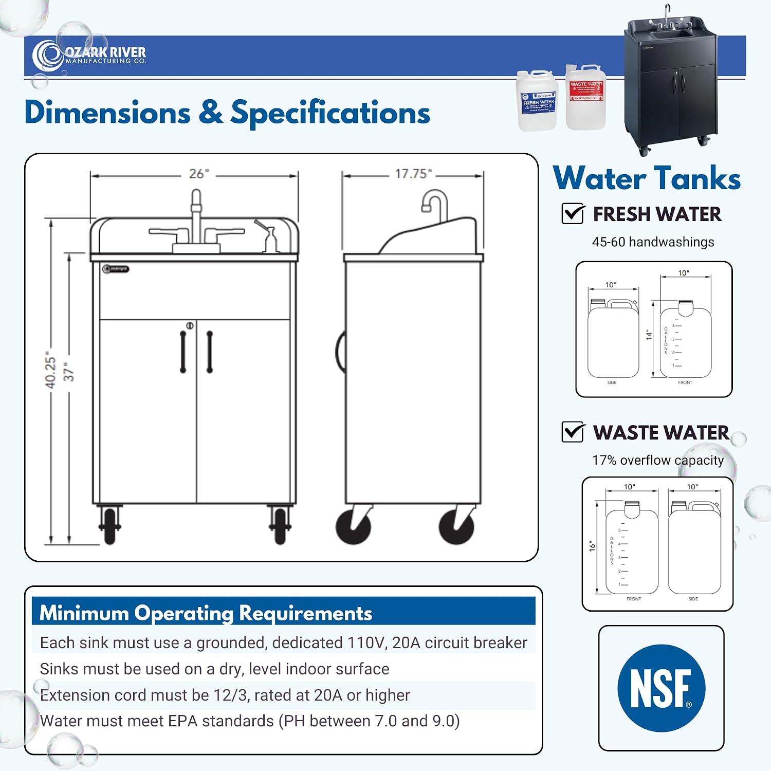 Ozark River Portable Sinks Premier Black & Extra Water Tanks Bundle, Black Laminate-ABS, Portable Sink with Hot Water, Self-Contained Sink, Portable Hand Washing Station, 110V