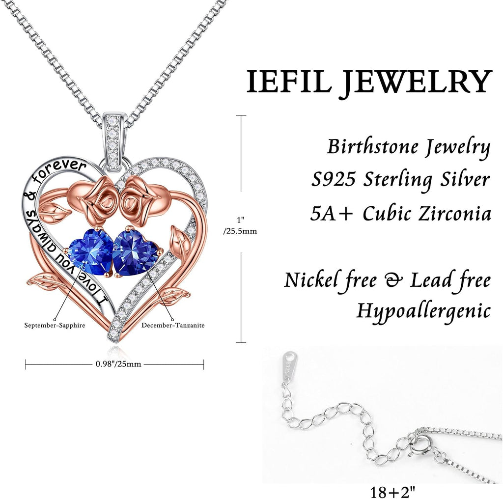 Iefil Rose Heart Double Birthstone Necklace Gifts for Wife Girlfriend Her Women, Birthstone Jewelry Gemstone Birthday Gifts for Mom Grandma Her Wife Women