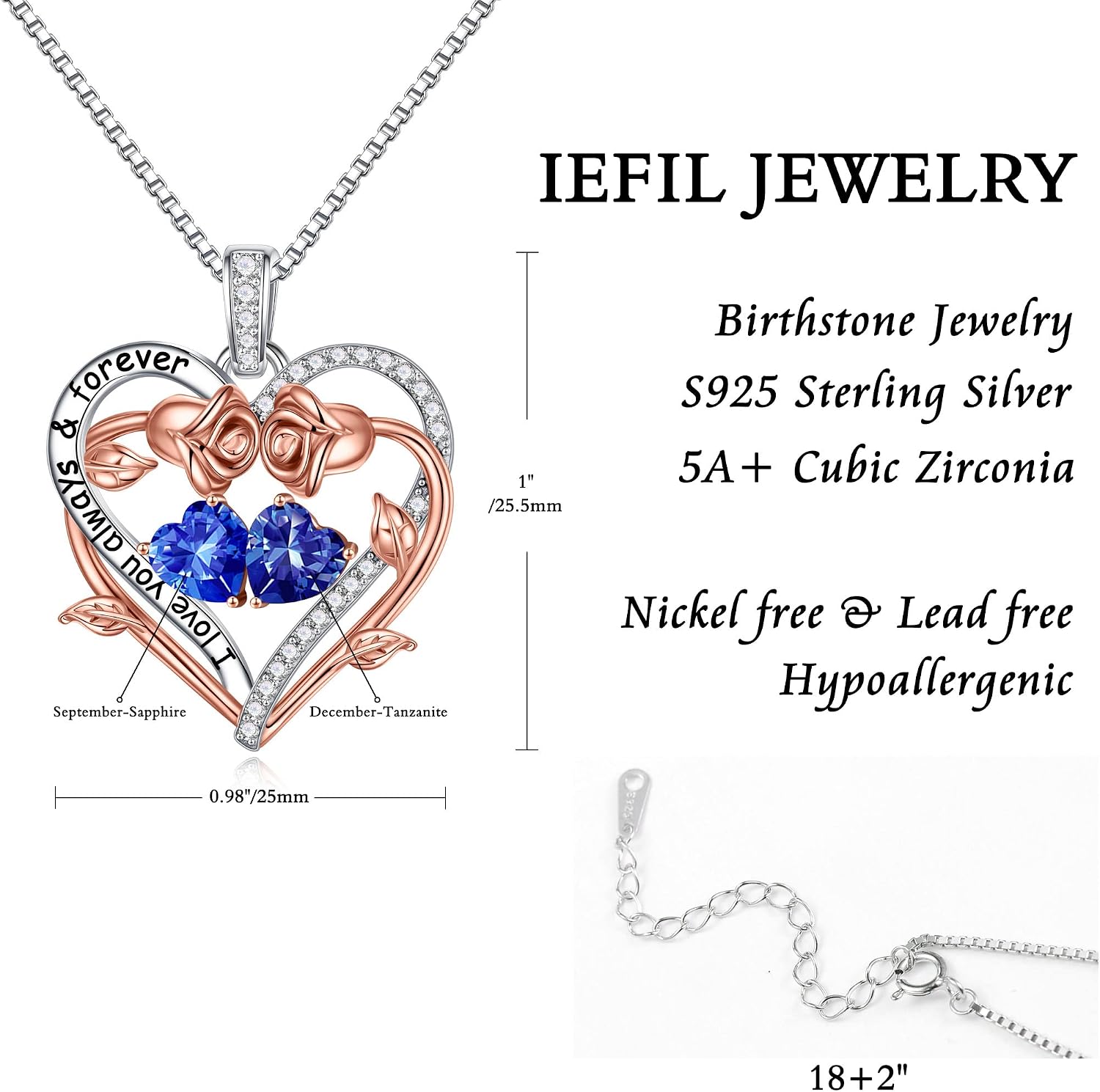 Iefil Rose Heart Double Birthstone Necklace Gifts for Wife Girlfriend Her Women, Birthstone Jewelry Gemstone Birthday Gifts for Mom Grandma Her Wife Women