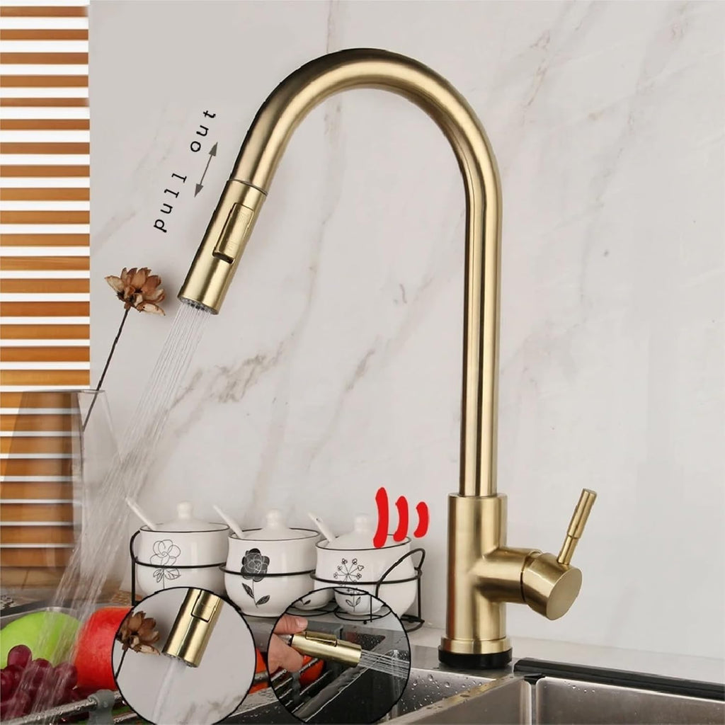 Pull Down Brushed Gold Touch Kitchen Faucet Smart Sensor Cold and Hot Mixer Water Tap