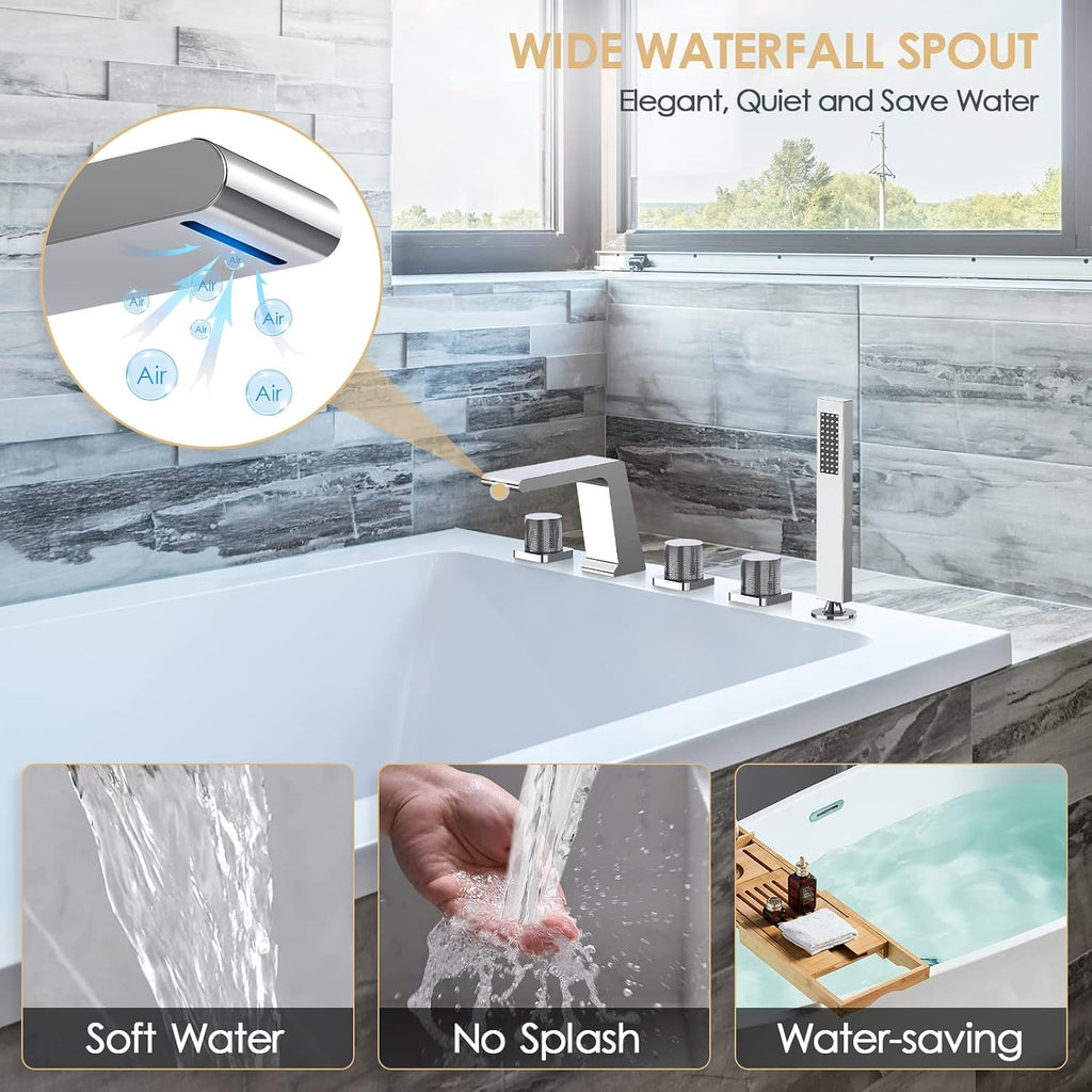 Bathtub Faucet Set with 3 Handle, Deck Mount 5 Hole Roman Waterfall Spout Bath Tub Faucet with Valve, Chrome