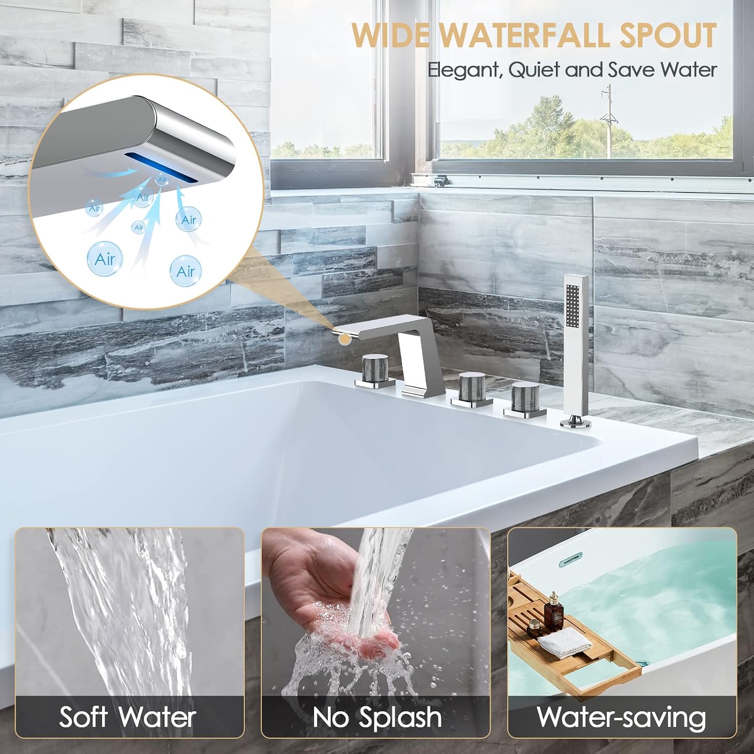 Bathtub Faucet Set with 3 Handle, Deck Mount 5 Hole Roman Waterfall Spout Bath Tub Faucet with Valve, Chrome