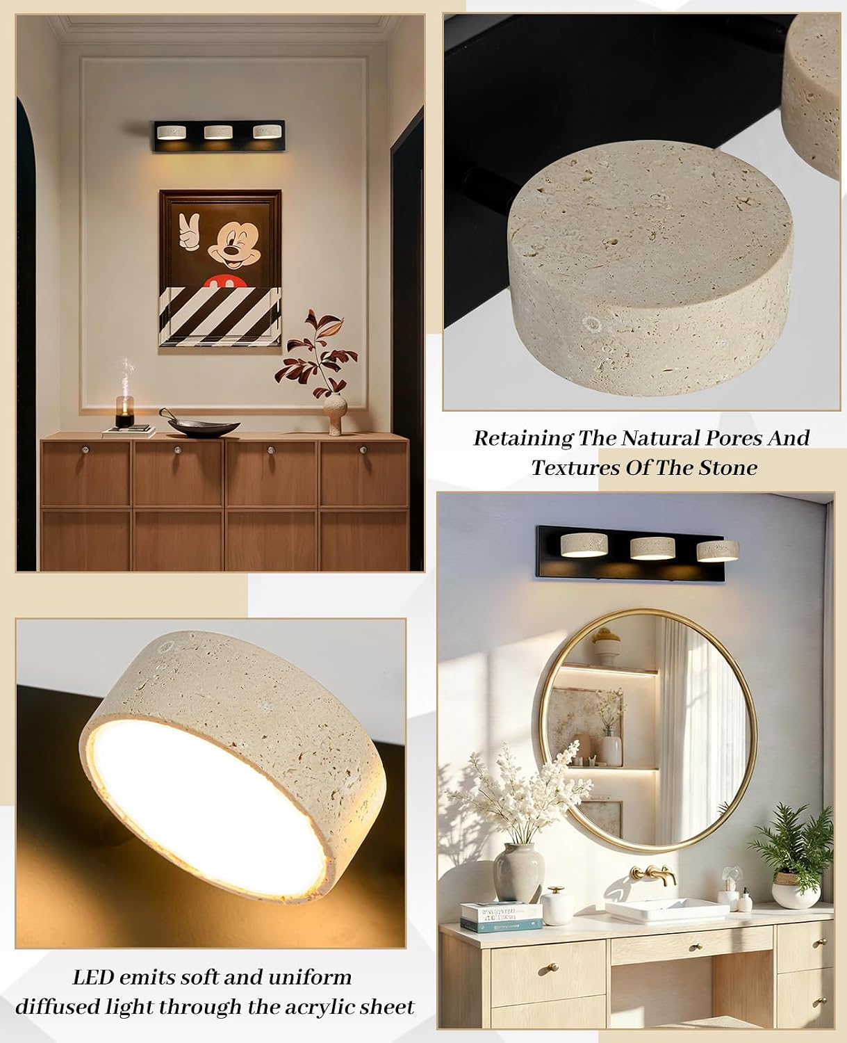 Travertine Vanity Light, 19.7 Inch Wabi Sabi Vanity Lights Fixture with 360° Rotatable Natural Stone Lampshade and Black Metal Base Nordic Style Farmhouse Vanity Lights for Bathroom (3 Lights)