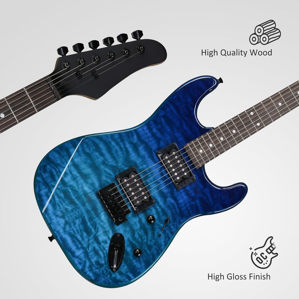 Full Size Electric Guitar Kit,39 Inch Beginner Electric Guitar,Complete Electric Guitars Set with Bag, Shoulder Strap, Power Wire, Wrench Tool,Tremolo Arm and Picks,Blue