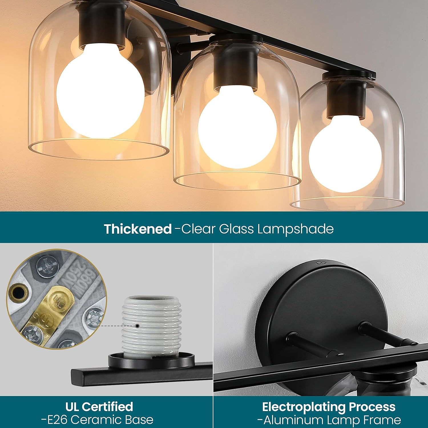 WOSHITU Bathroom Vanity Light Fixtures: 32.3 Inch Modern Matte Black Bathroom Lighting Fixtures Over Mirror with Clear Glass Shade 4 Light Vanity Lighting Fixtures Farmhouse Vanity Lights