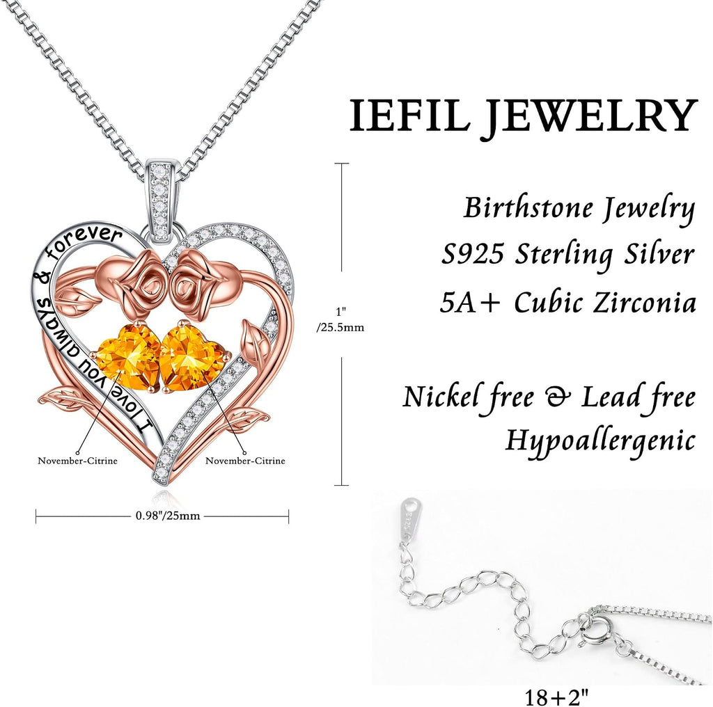 Iefil Rose Heart Double Birthstone Necklace Gifts for Wife Girlfriend Her Women, Birthstone Jewelry Gemstone Birthday Gifts for Mom Grandma Her Wife Women