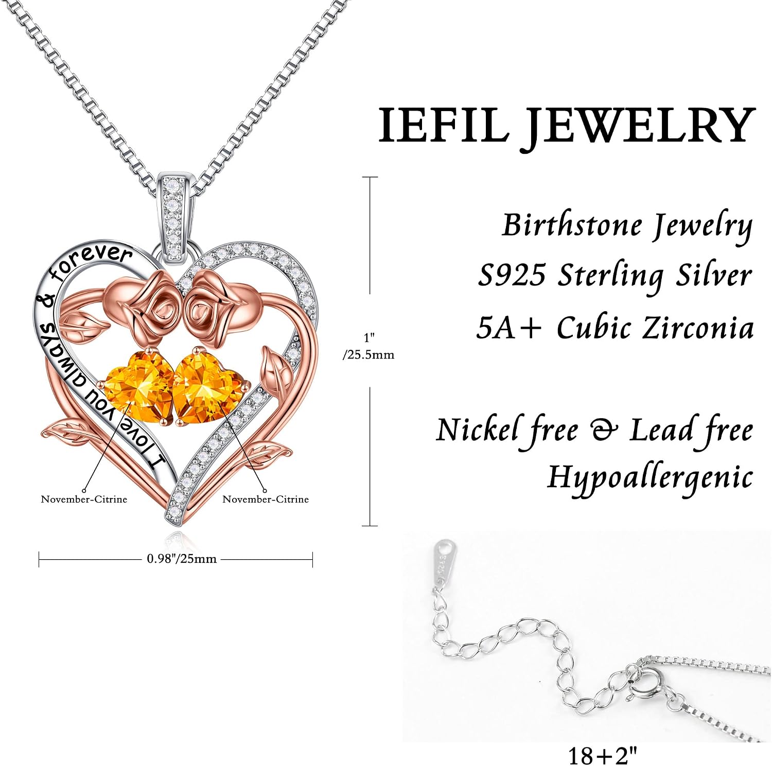 Iefil Rose Heart Double Birthstone Necklace Gifts for Wife Girlfriend Her Women, Birthstone Jewelry Gemstone Birthday Gifts for Mom Grandma Her Wife Women