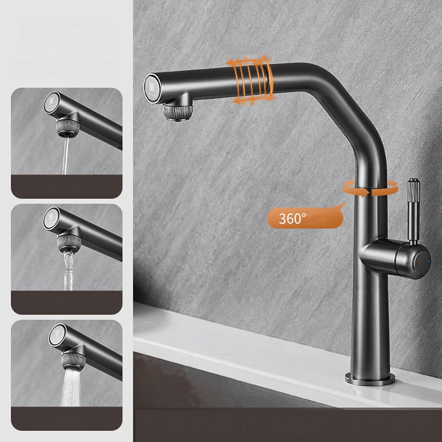 3 Way Pull Out Kitchen Faucet Brass 360° Swivel Single Handle 3 Way Filter Faucet for Kitchen Sink-Grey