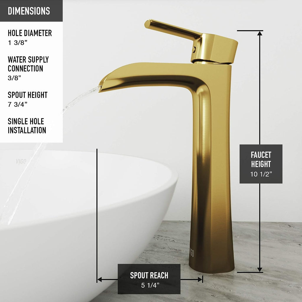 VIGO Niko Waterfall Single-Handle Single-Hole Mount Vessel Bathroom Sink Faucet, 11-Inch, Matte Brushed Gold, Modern Design, Solid Brass, 1.2 GPM WaterSense & Ceramic Disc Valve - VG03024MG
