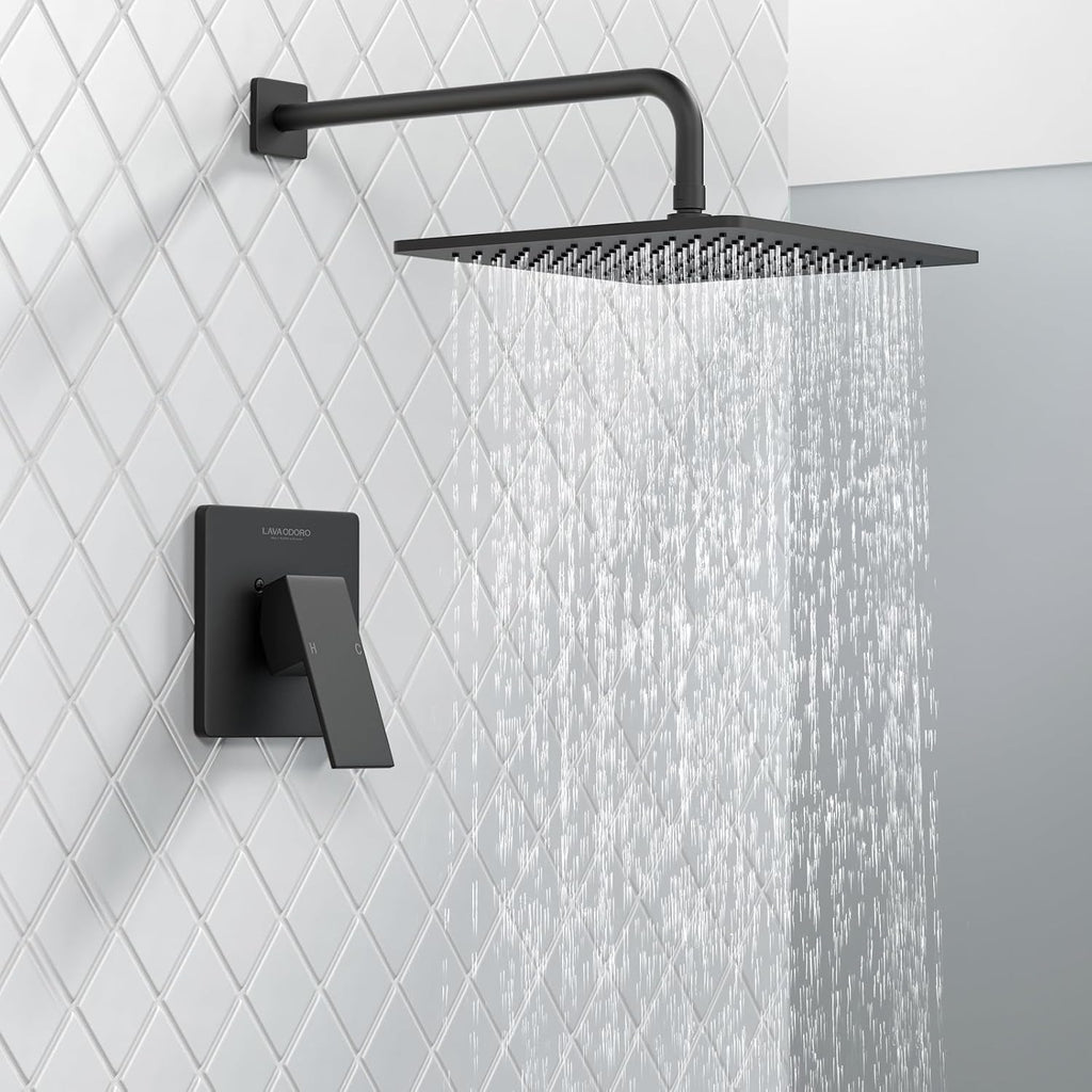 Lava Odoro 12-inch Modern Square Shower Faucet Set Matte Black, Shower Trim Kit with Rough-in Valve High Pressure Black Rainfall Shower Head and Handle Set, (Valve Included), SF106-MB