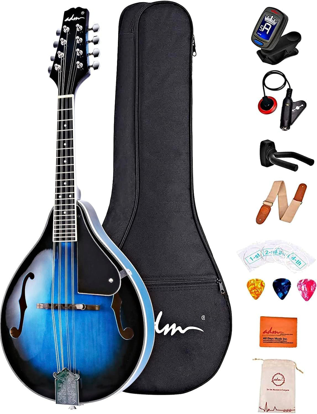 ADM Acoustic Mandolin Instrument Kit Music A Style for Kids Students Adults Wood Mandolins Beginner Set With Bag, Tuner, Pick-up, Strap, Strings, Picks and Hanger, Blue