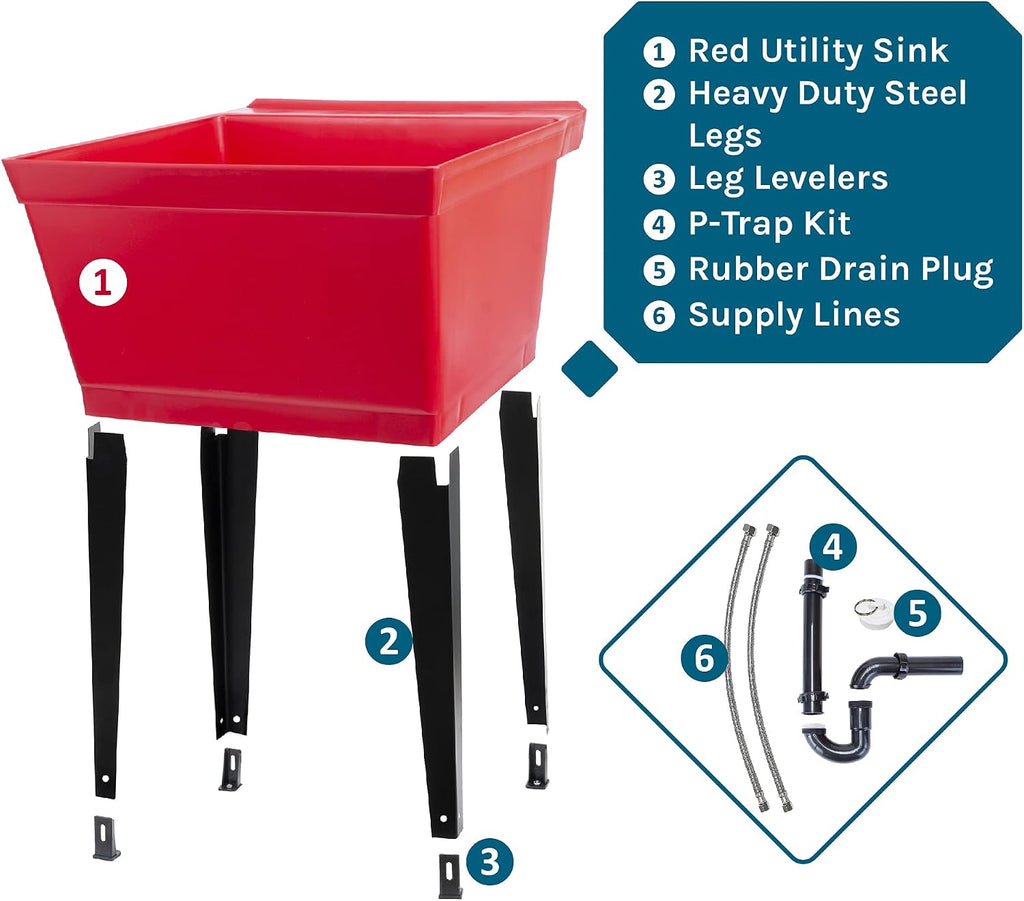 19 Gallon Utility Sink Laundry Tub by JS Jackson Supplies with Adjustable Metal Legs, Ideal for Laundry room, Basement, or Garage Workshop. Heavy Duty Shop Sink. No Faucet Included