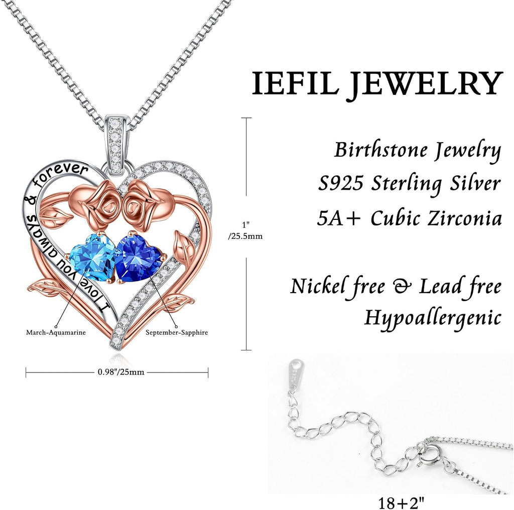 Iefil Rose Heart Double Birthstone Necklace Gifts for Wife Girlfriend Her Women, Birthstone Jewelry Gemstone Birthday Gifts for Mom Grandma Her Wife Women
