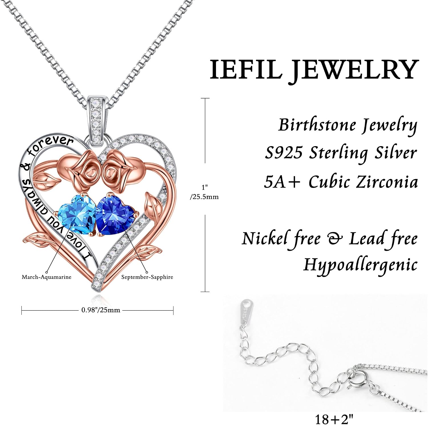 Iefil Rose Heart Double Birthstone Necklace Gifts for Wife Girlfriend Her Women, Birthstone Jewelry Gemstone Birthday Gifts for Mom Grandma Her Wife Women