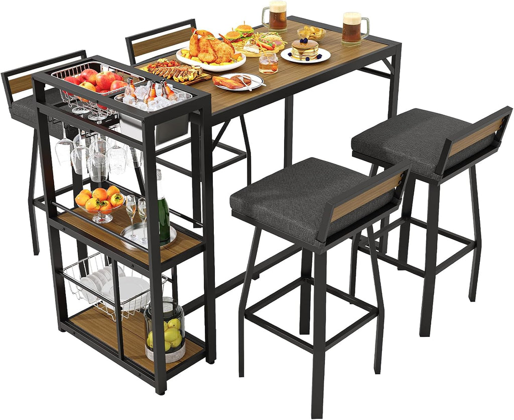 ONBRILL 5-Piece Outdoor Patio Bar Set, Outdoor Bar Table and Chairs Set w/Storage Shelves, Wood Plastic Tabletop, 360° Swivel Stools, Weather-Resistant, Outdoor Furniture for Backyard, Garden, Porch