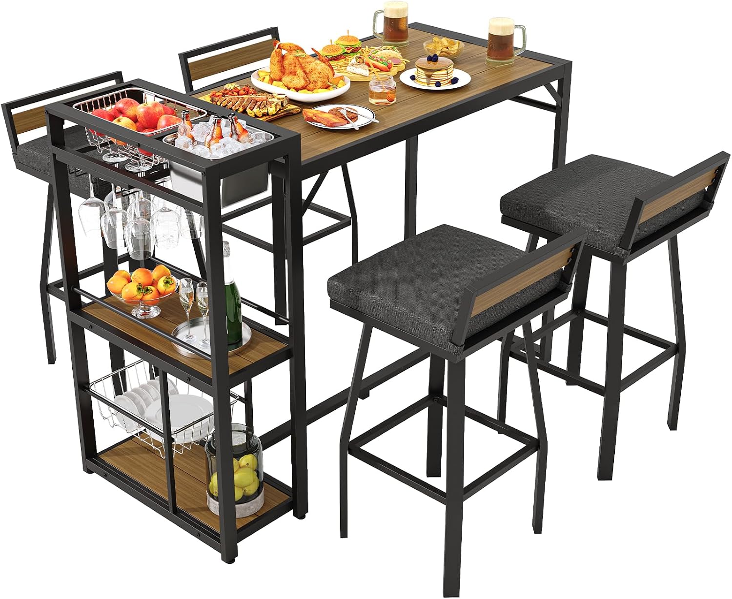 ONBRILL 5-Piece Outdoor Patio Bar Set, Outdoor Bar Table and Chairs Set w/Storage Shelves, Wood Plastic Tabletop, 360° Swivel Stools, Weather-Resistant, Outdoor Furniture for Backyard, Garden, Porch