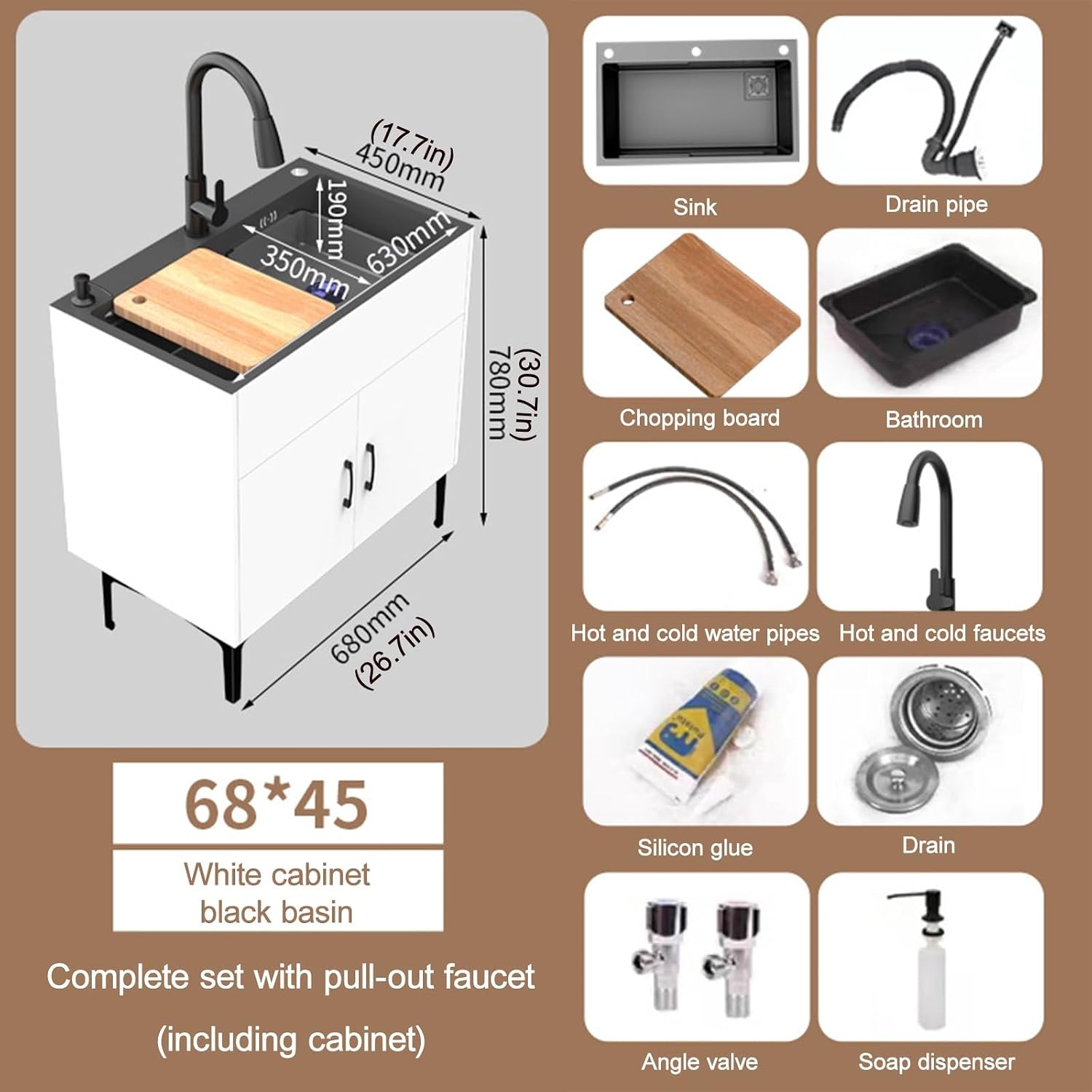 Cabinet Stainless Steel Sink with Storage,Commercial Kitchen Sink with Pull-Out Faucet,Bathroom Sink with Black Faucet and Storage Shelves,for Kitchen,Restaurant,Outdoor,Laundry