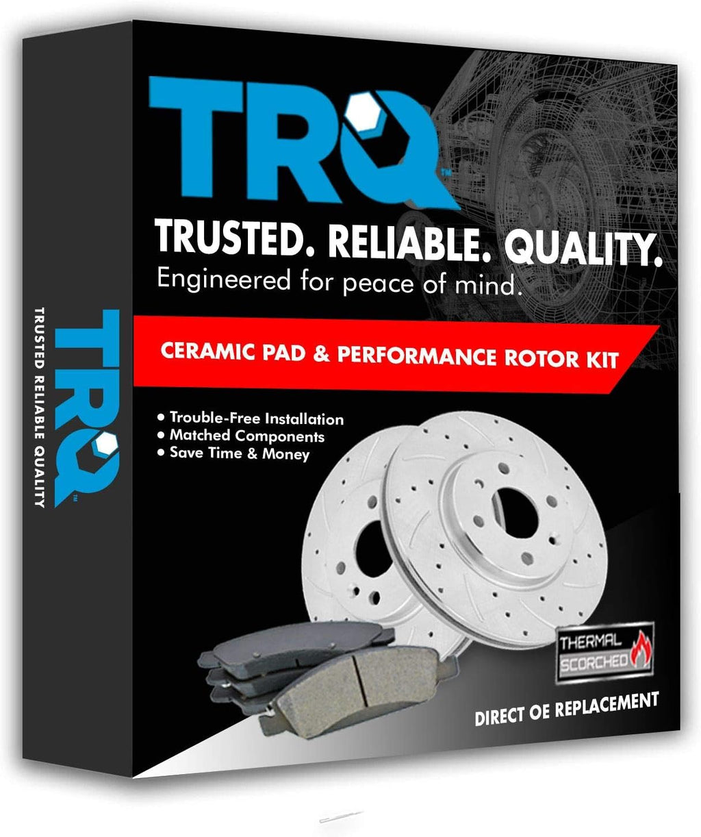TRQ Performance Front Brake Pad & Rotor Kit G-Coated Slotted X Drilled Ceramic Compatible with 96-07 Ford Taurus 96-97 Thunderbird 95-02 Lincoln Continental 93-98 Mark VIII Mercury Cougar 01-05 Sable