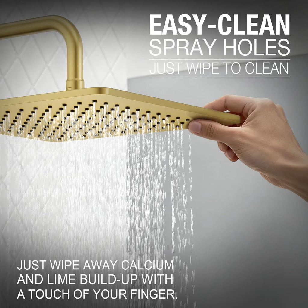 Lava Odoro 12-inch Modern Square Shower Faucet Set Brushed Gold, Shower Trim Kit with Rough-in Valve High Pressure Gold Rainfall Shower Head and Handle Set, (Valve Included), SF106-SG