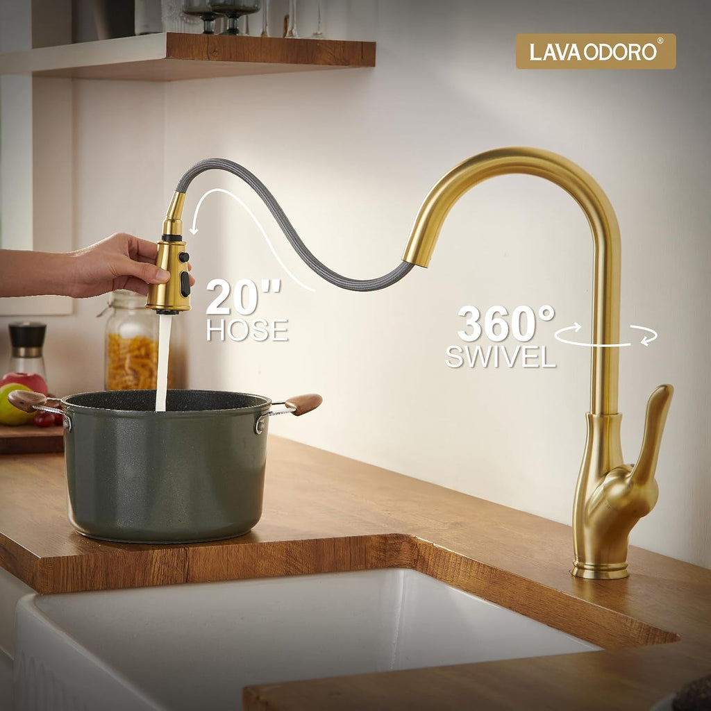 Lava Odoro Gold Kitchen Faucet with Pull Down Sprayer, Brushed Gold Kitchen Sink Faucet with Magnetic Docking Spray 3-Function, Solid Brass Faucet for Kitchen Sink 1 Hole and 3 Hole, KF271-SG
