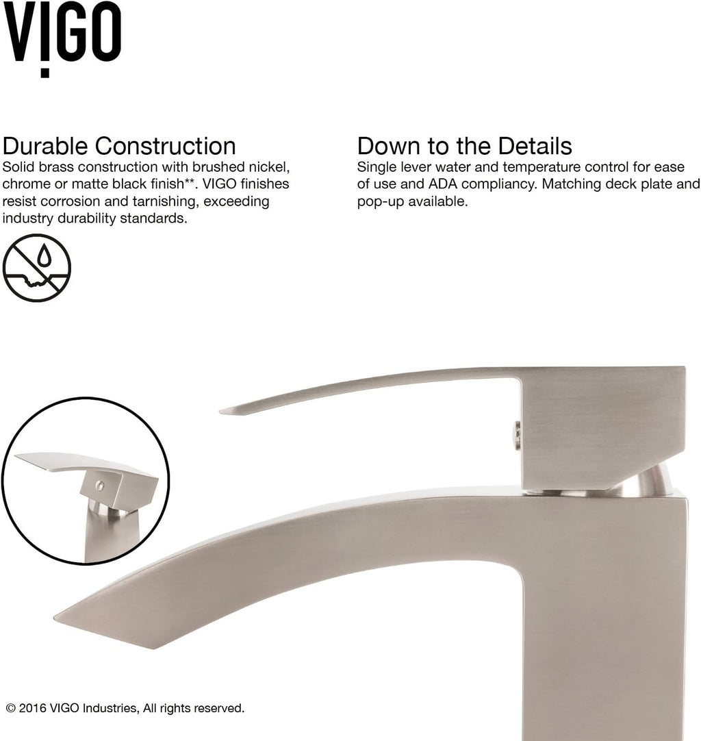 VIGO Duris Waterfall Single-Handle Single-Hole Mount Vessel Bathroom Sink Faucet, 12-Inch, Brushed Nickel, Modern Design, Solid Brass, 1.2 GPM WaterSense & Ceramic Disc Valve, Corrosion-Resistant