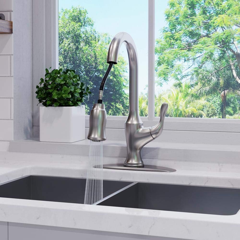 Pfister Deming Kitchen Faucet with Pull Down Sprayer and Soap Dispenser, Single Handle, High Arc, Spot Defense Stainless Steel Finish, F5297DMGS