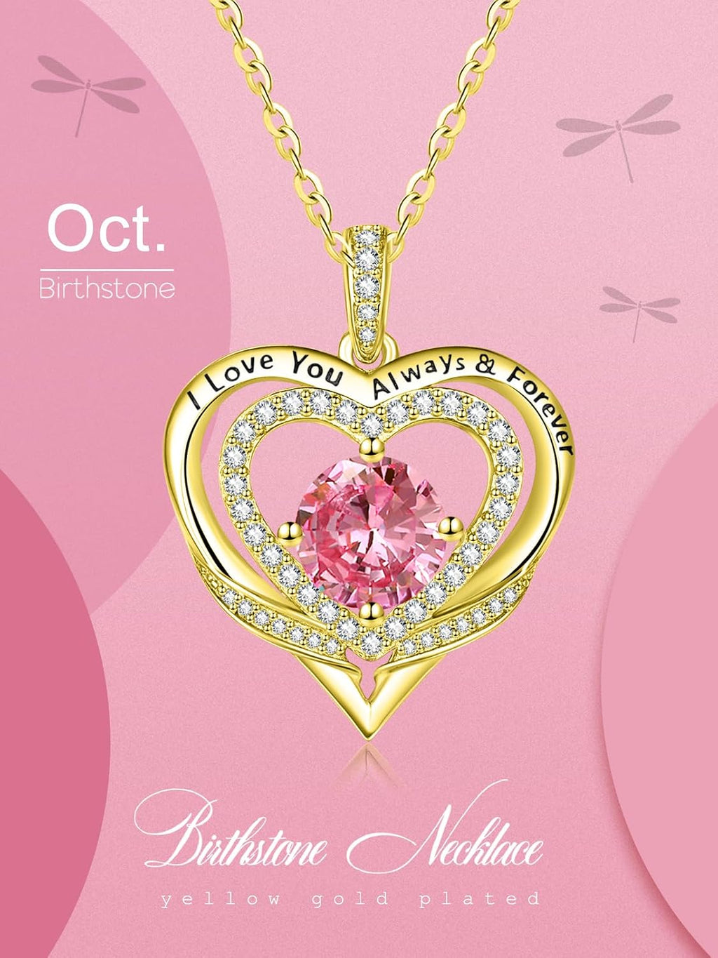 14K Gold Heart Necklaces for Women with Birthstone Pendant ，Double Hearts Necklace Jewelry Gift for Girlfriend Mom Anniversary Birthday Adjustable Chain 18' + 2' 'I Love You Always & Forever