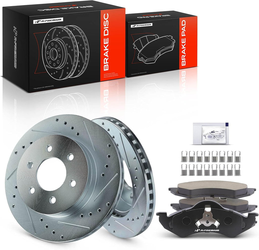 A-Premium 11.29 inch (287mm) Front Drilled and Slotted Disc Brake Rotors + Ceramic Pads Kit Compatible with Select Dodge Models - Durango 1998-1999, Dakota 1999, 6-PC Set