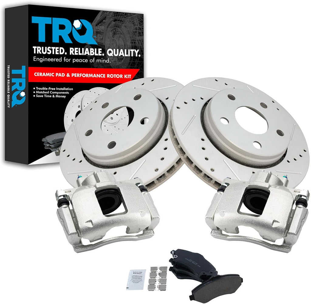 TRQ Performance Front Brake Pad and Rotor Set Ceramic Vented Coated Slotted Drilled Rotors Calipers Compatible with 2007-2012 Jeep Wrangler