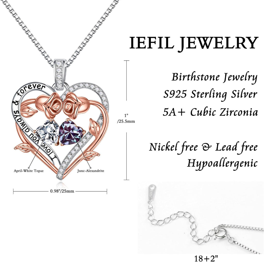 Iefil Rose Heart Double Birthstone Necklace Gifts for Wife Girlfriend Her Women, Birthstone Jewelry Gemstone Birthday Gifts for Mom Grandma Her Wife Women
