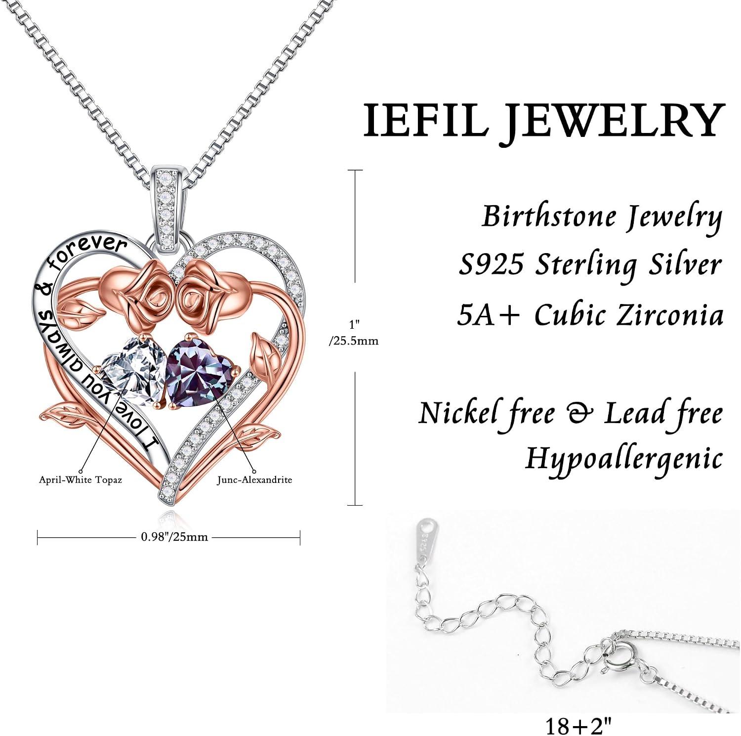 Iefil Rose Heart Double Birthstone Necklace Gifts for Wife Girlfriend Her Women, Birthstone Jewelry Gemstone Birthday Gifts for Mom Grandma Her Wife Women