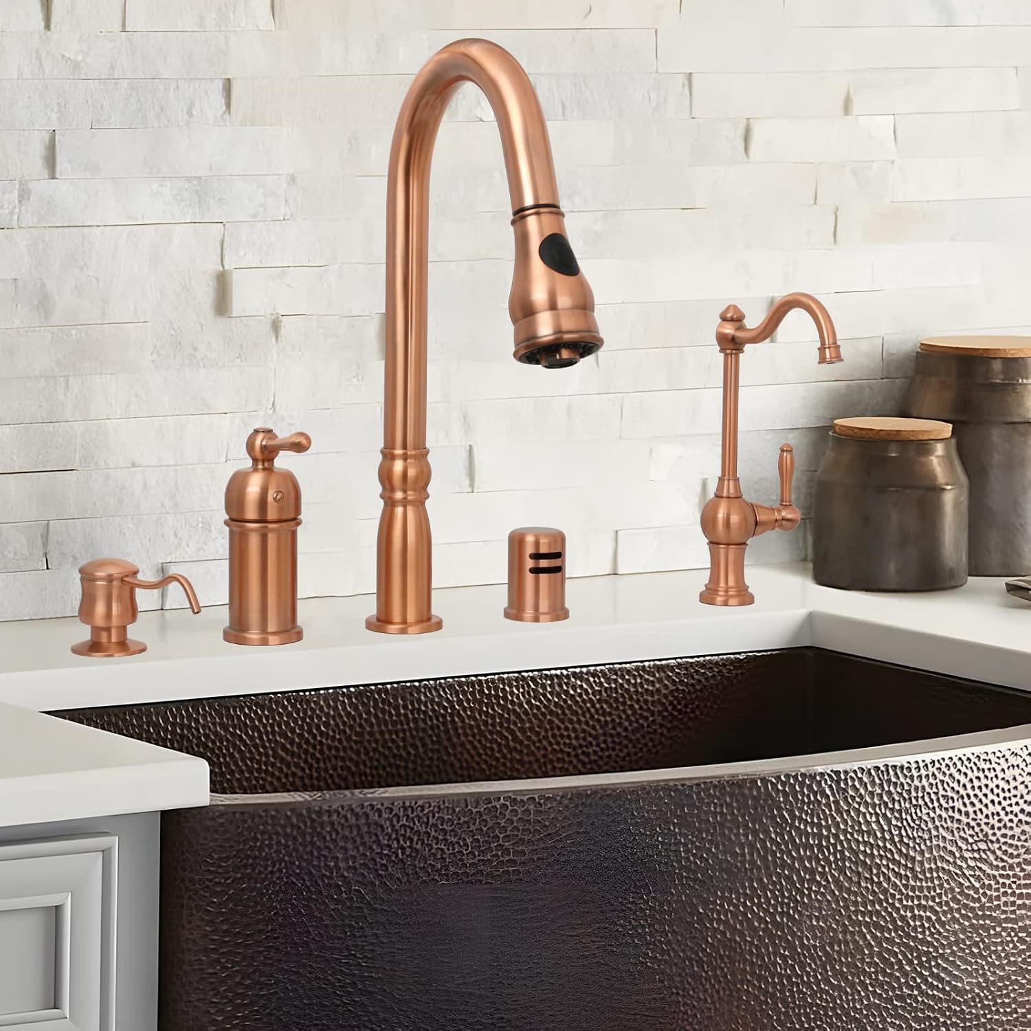 Akicon Copper Kitchen Faucet with in-Deck Handle and Soap Dispenser, Single Handle Solid Brass High Arc Pull Down Sprayer Head Kitchen Sink Faucet AK97918