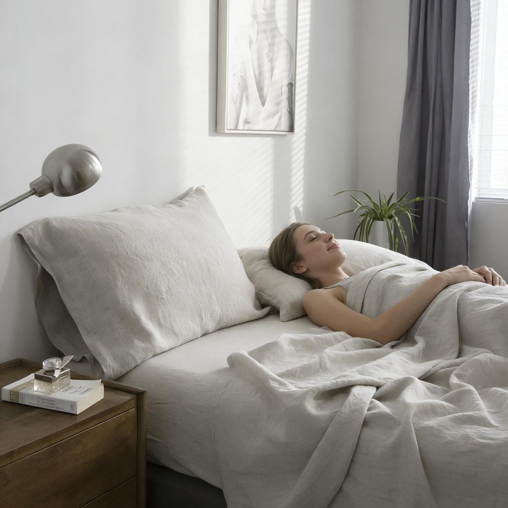 Simple&Opulence 100% Pure Linen Sheet Set Queen Size, Natural French Flax Solid Color 4 Pcs Washed Breathable, Farmhouse Bedding (1 Flat Sheet,1 Fitted Sheet,2 Pillowcases)-Embroidery Grey