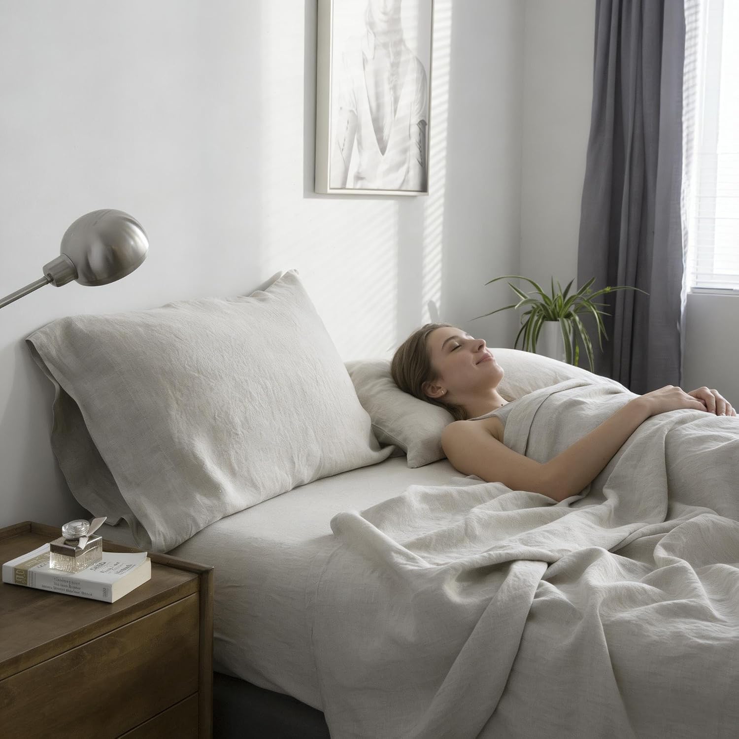Simple&Opulence 100% Pure Linen Sheet Set Queen Size, Natural French Flax Solid Color 4 Pcs Washed Breathable, Farmhouse Bedding (1 Flat Sheet,1 Fitted Sheet,2 Pillowcases)-Embroidery Grey