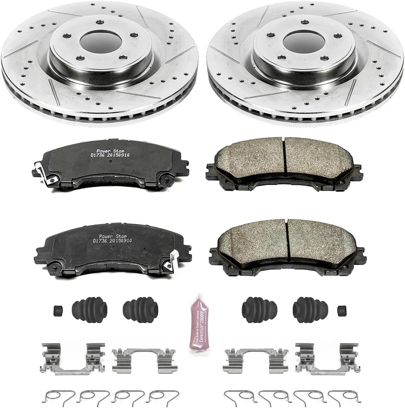 PowerStop Front Brake Kit for Infiniti Q50 2014-24 |Q60 2017-22 |QX50 2016-17 |Nissan Z 2023-24 - Drilled and Slotted Disc Rotors with Carbon-Fiber Ceramic Brake Pads Replacement, K6944