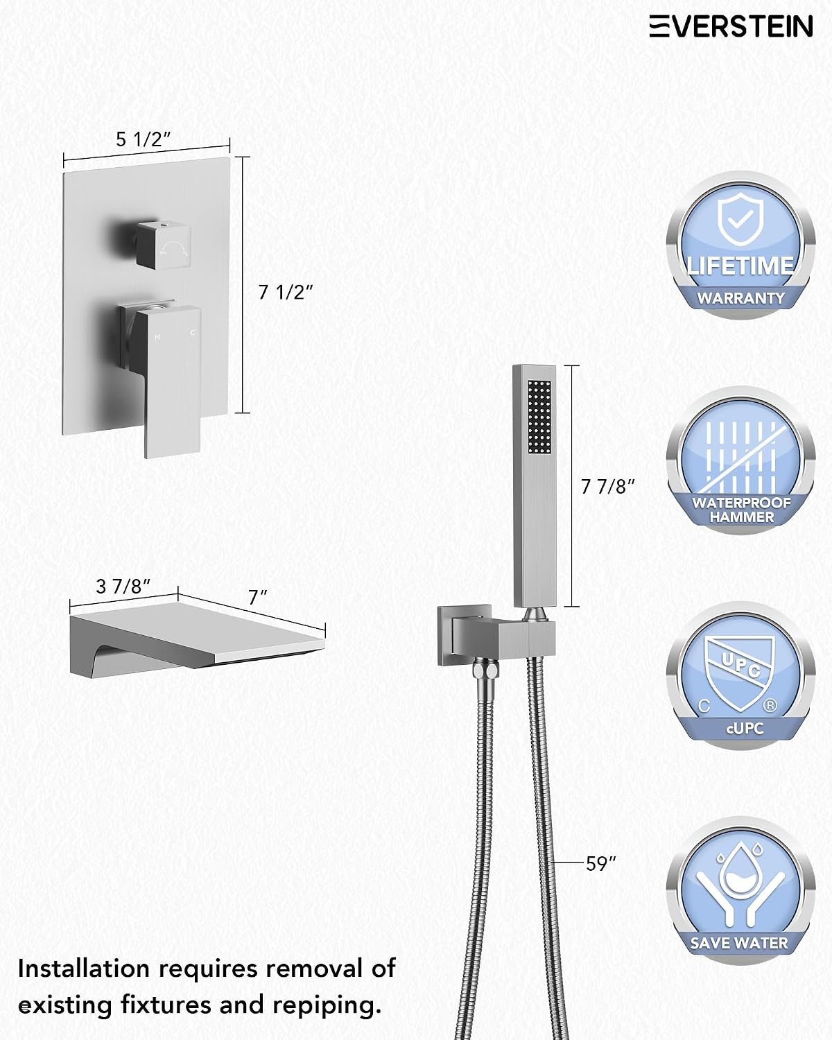 Wall Mounted Bathtub Shower Faucet Set, Bathroom Shower Fixtures Set Combo with Tub Spout and Handheld Shower Head Spray, Brushed Nickel